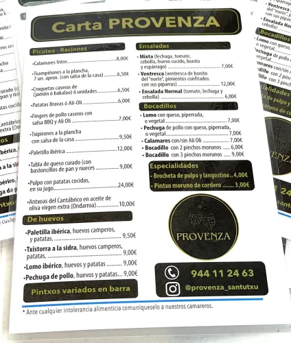 Carta del bar Provenza.